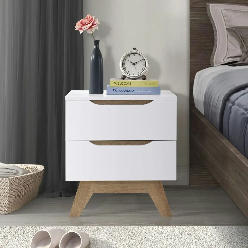 Penelope Scandinavian Wooden Bedside Side Table NightStand - White & Oak