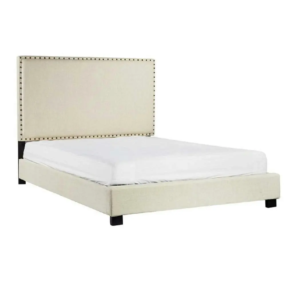 Design Square Fabric Double Bed Frame With Headboard - Beige