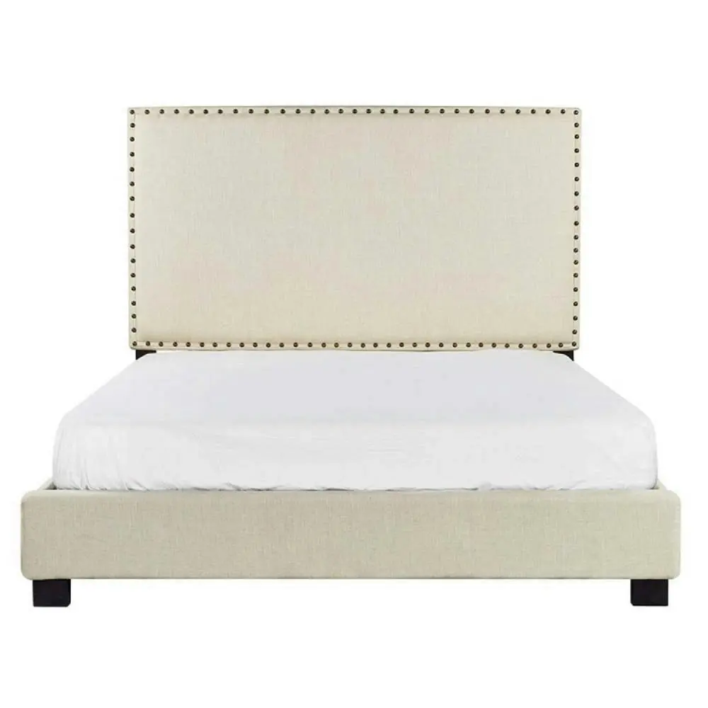 Design Square Fabric Double Bed Frame With Headboard - Beige