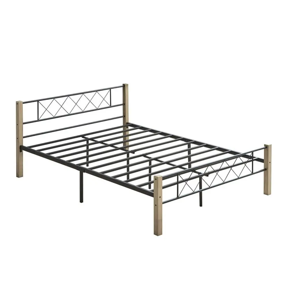 Gale Classic Bed Frame Wooden Post Metal Frame Queen Size - Maple & Black