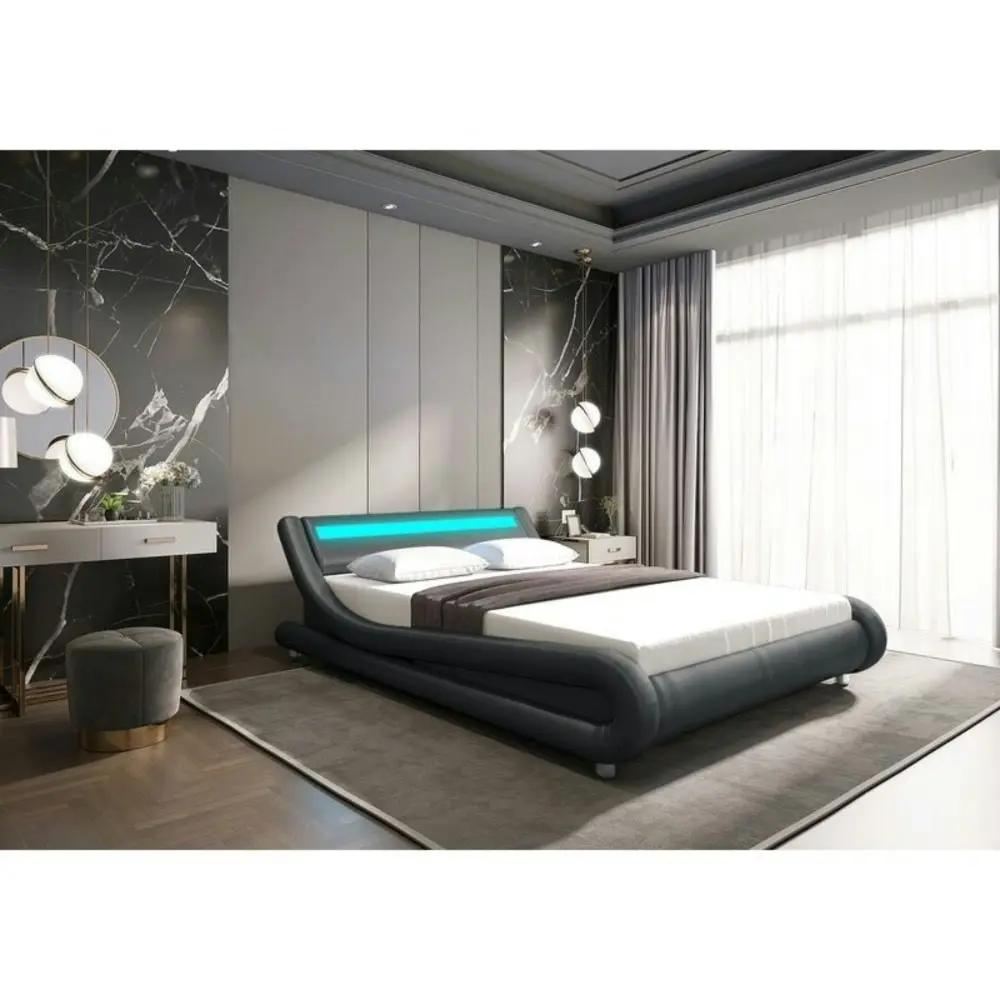 Design Square Modern Designer Double PU Leather Bed Frame With LED Light - Grey