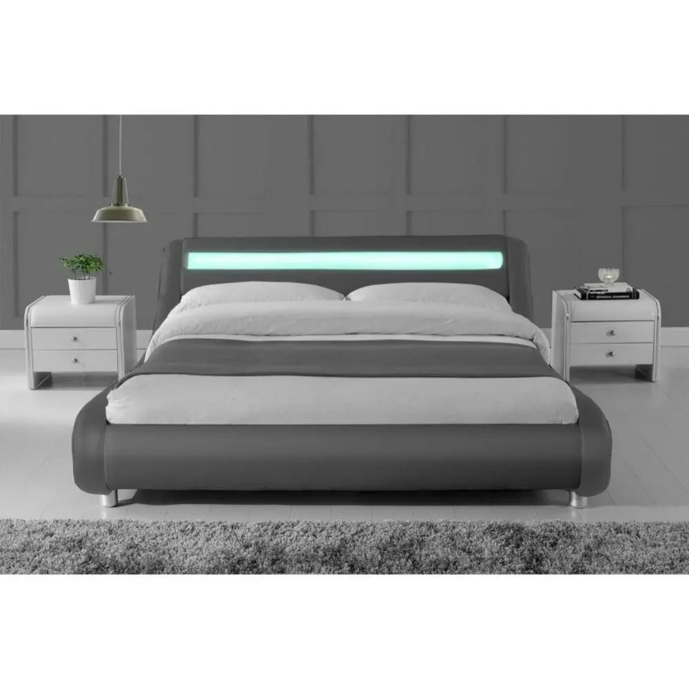 Design Square Modern Designer Double PU Leather Bed Frame With LED Light - Grey