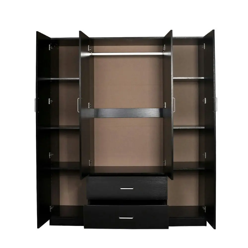 Design Square Modern 4-Door 2-Drawers Wardrobe Closet Clothes Storage Cabinet With Mirror - Black