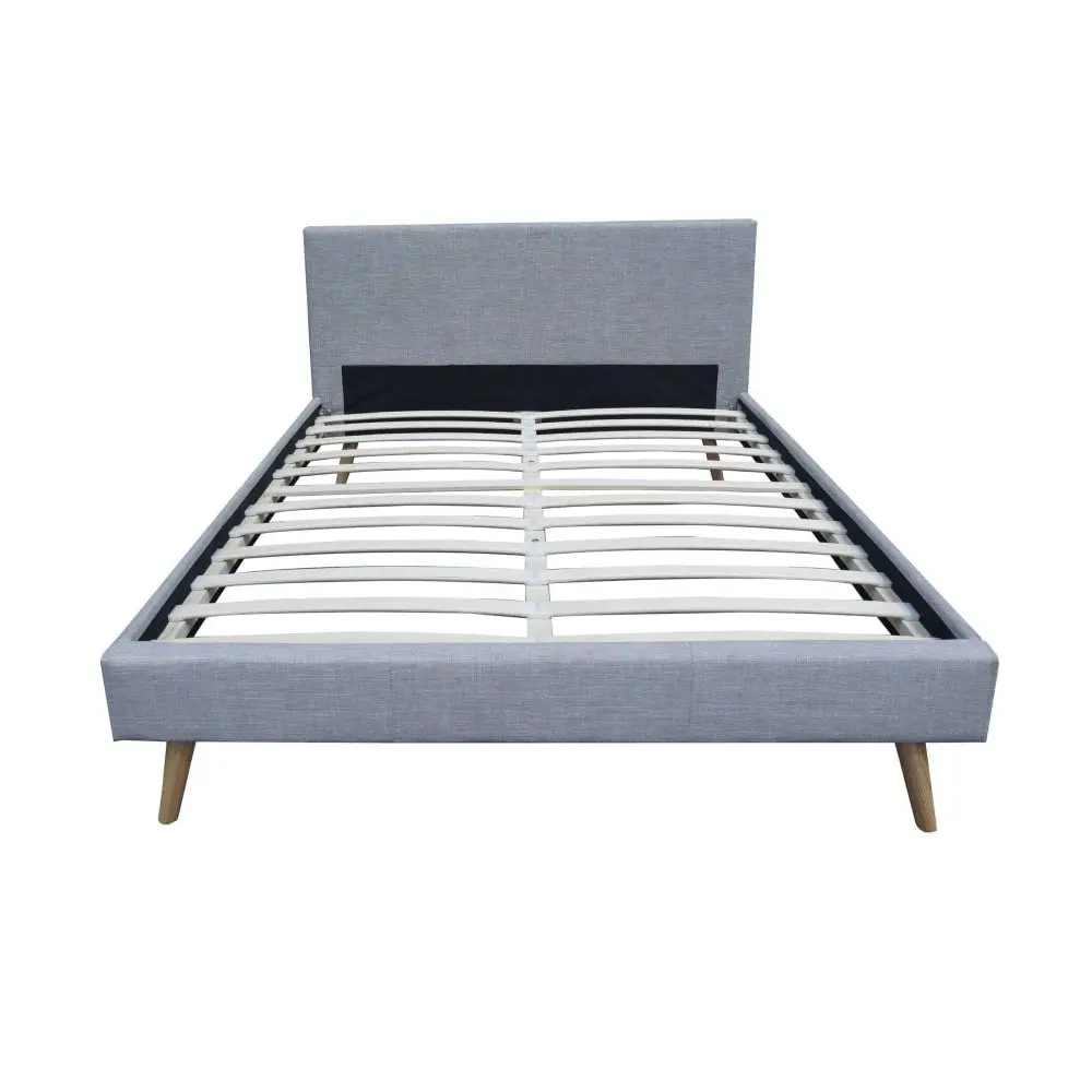 Design Square Designer Fabric Bed Frame Wooden Legs With Headboard Queen Light Grey