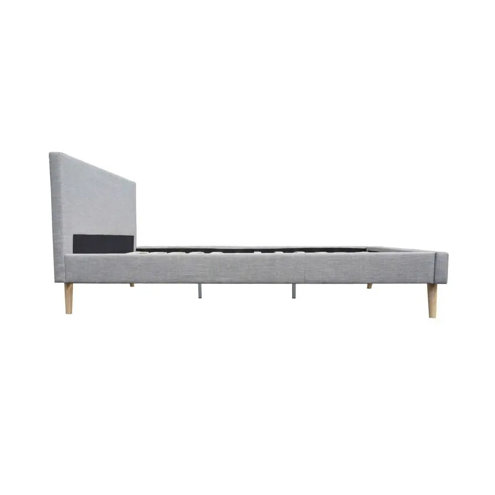 Design Square Designer Fabric Bed Frame Wooden Legs With Headboard Queen Light Grey