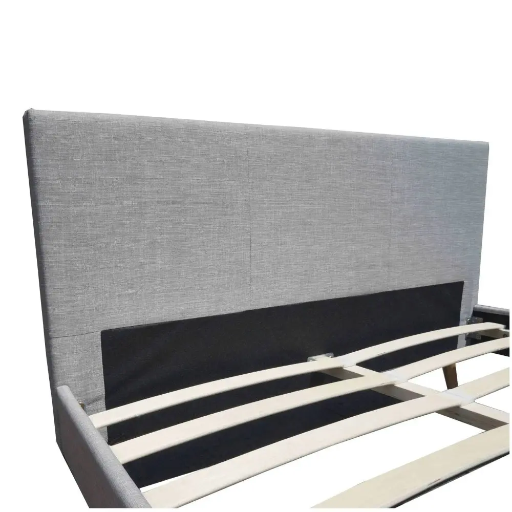 Design Square Designer Fabric Bed Frame Wooden Legs With Headboard Queen Light Grey