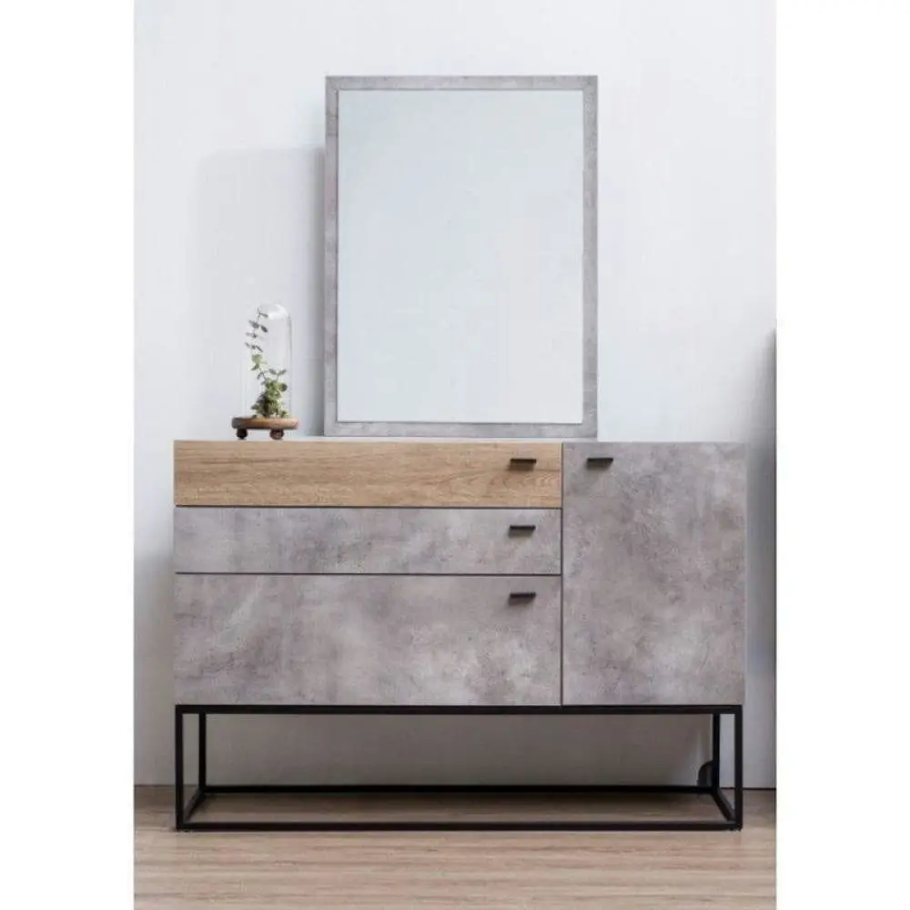 Design Square Dresser Sideboard Buffet Unit With Mirror - Black Metal Legs - Dark Oak / Cement Grey