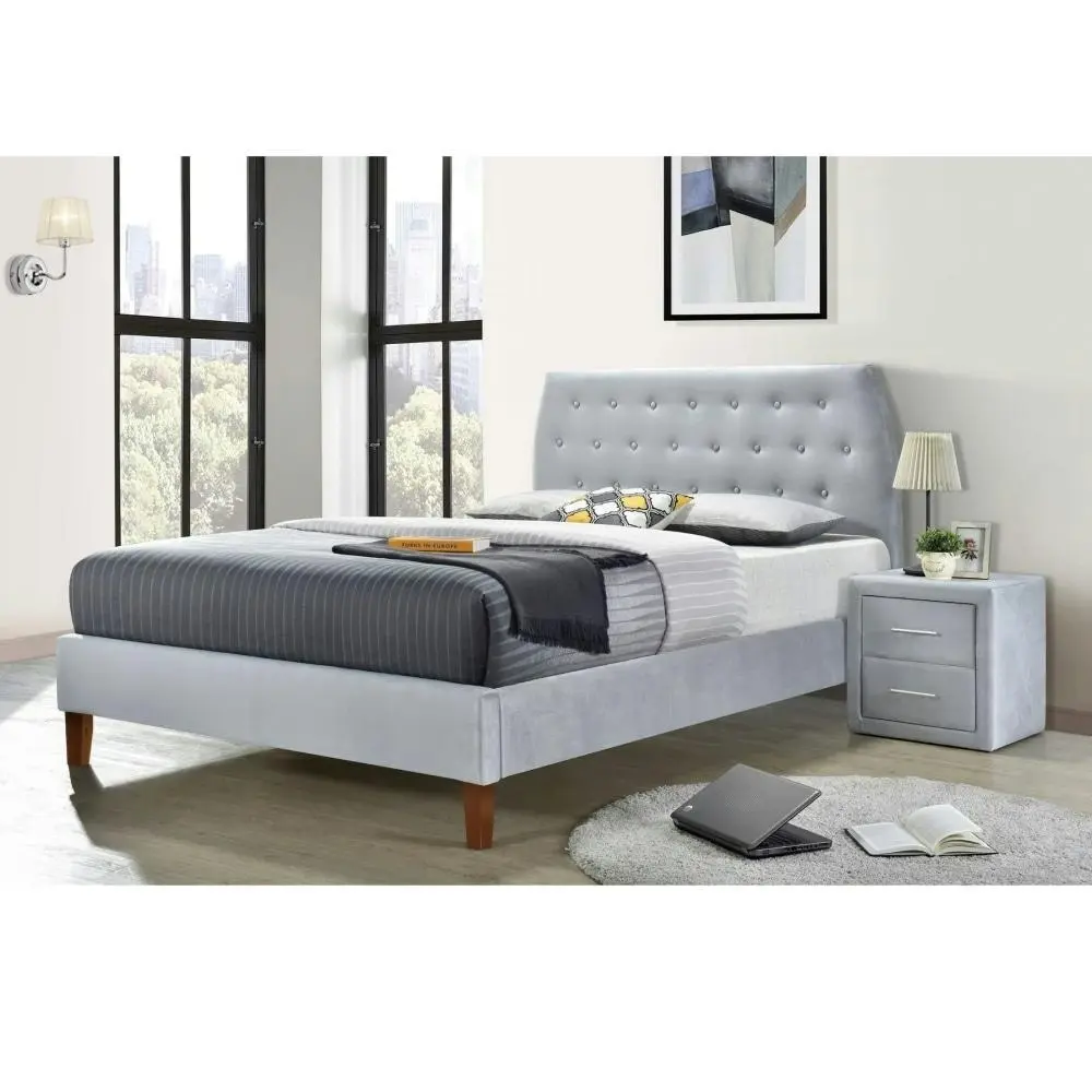 Design Square Designer Modern Velvet Fabric Bed Frame With Headboard King Single - Light Grey