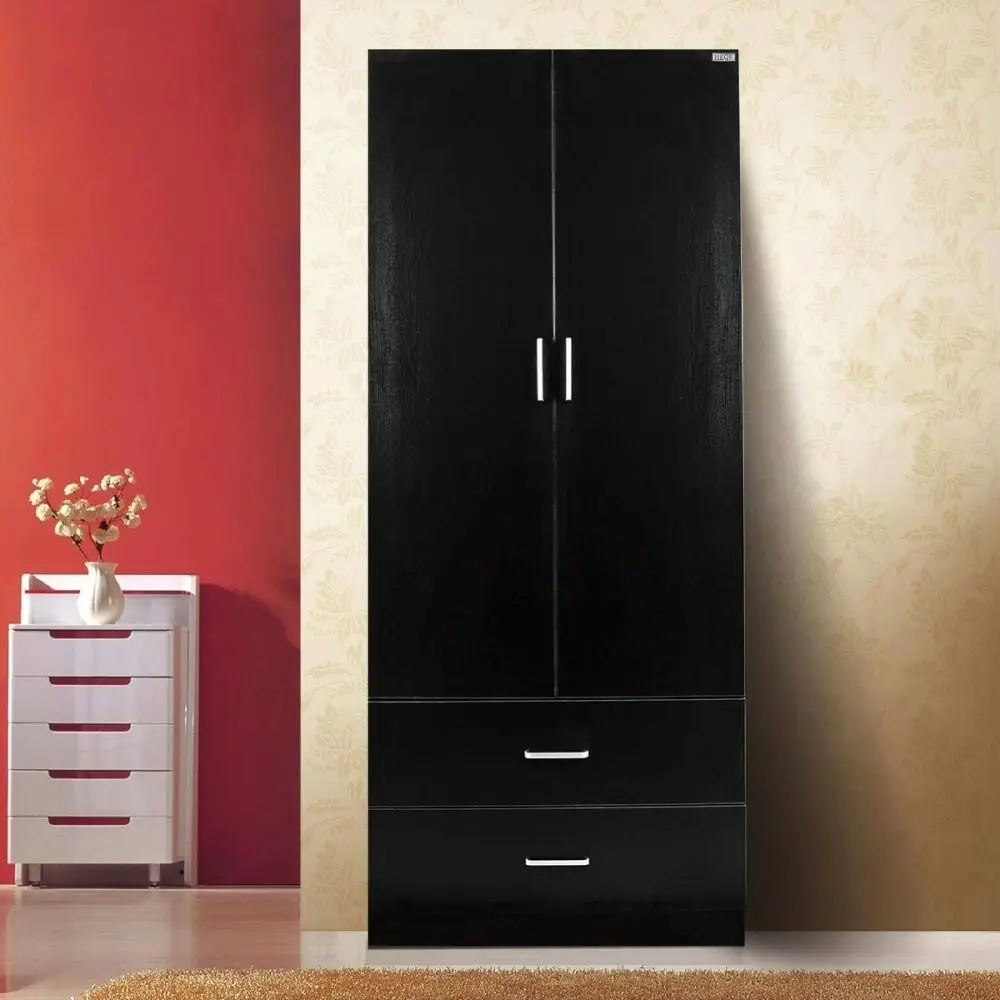 Design Square Modern 2-Door 2-Drawers Wardrobe Closet Clothes Storage Cabinet - Black