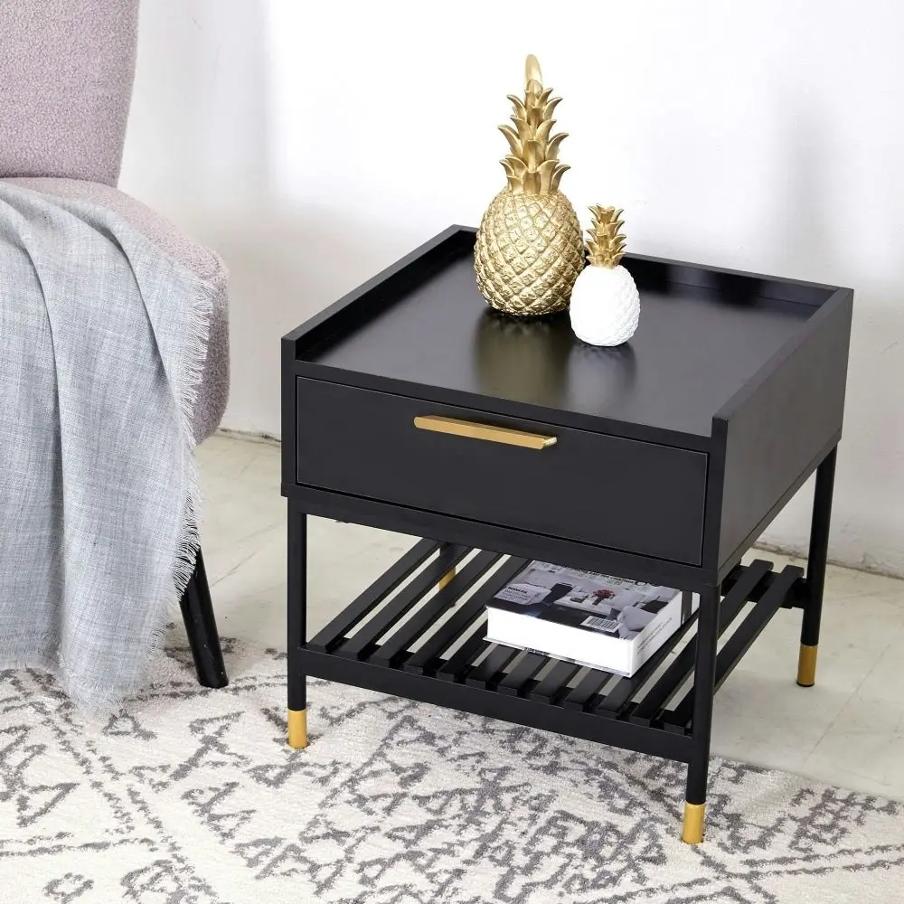 Maestro Furniture Alcone Wooden Bedside Nightstand Side Table W/ Gold Accents - Satin Black