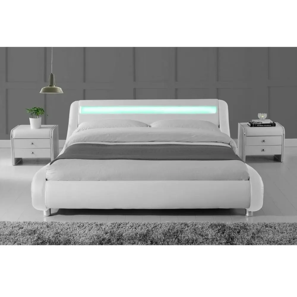 Design Square Modern Designer Queen PU Leather Bed Frame With LED Light - White