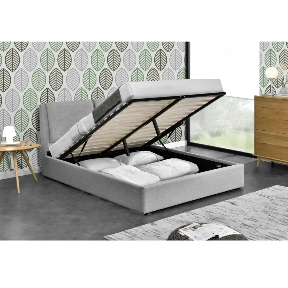 Design Square Modern Designer Fabric Gas Lift Bed Frame W/ Headboard Double Size - Light Grey