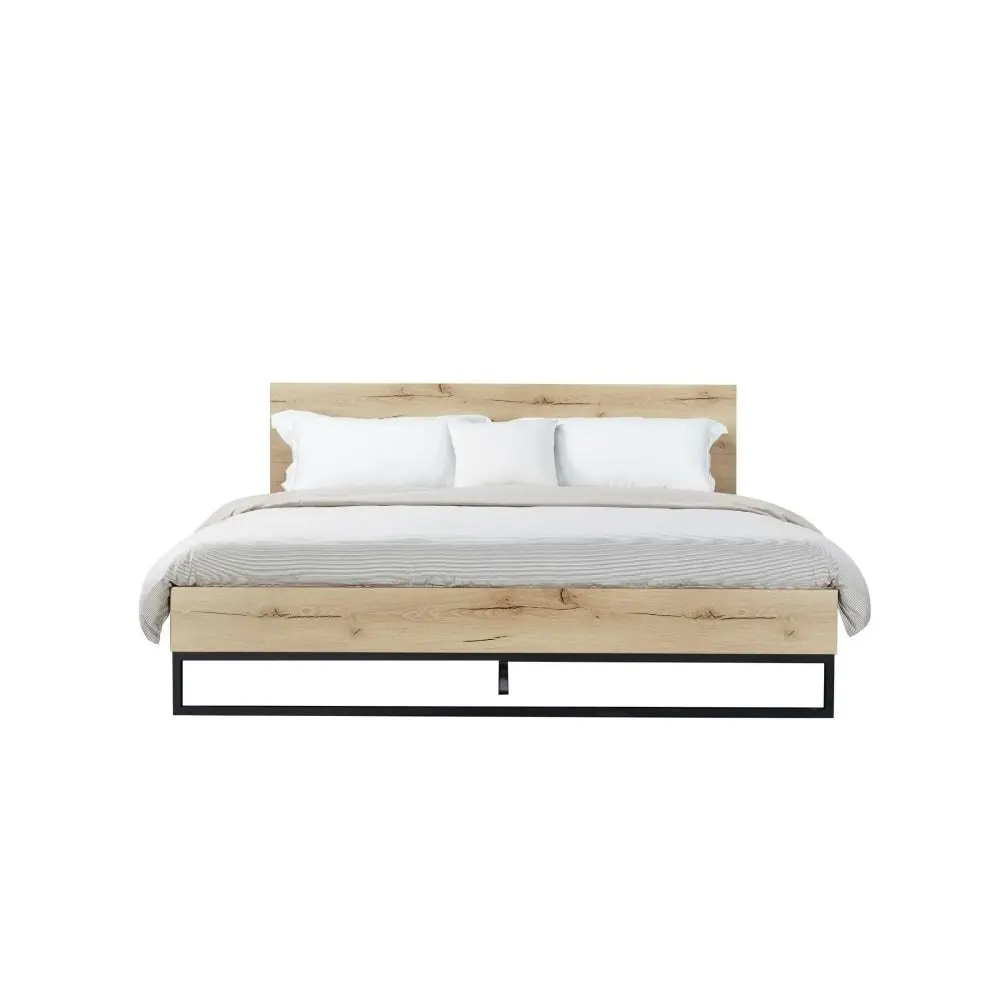 Design Square Wooden Bed Frame Metal Legs With Headboard Double Size - Natural