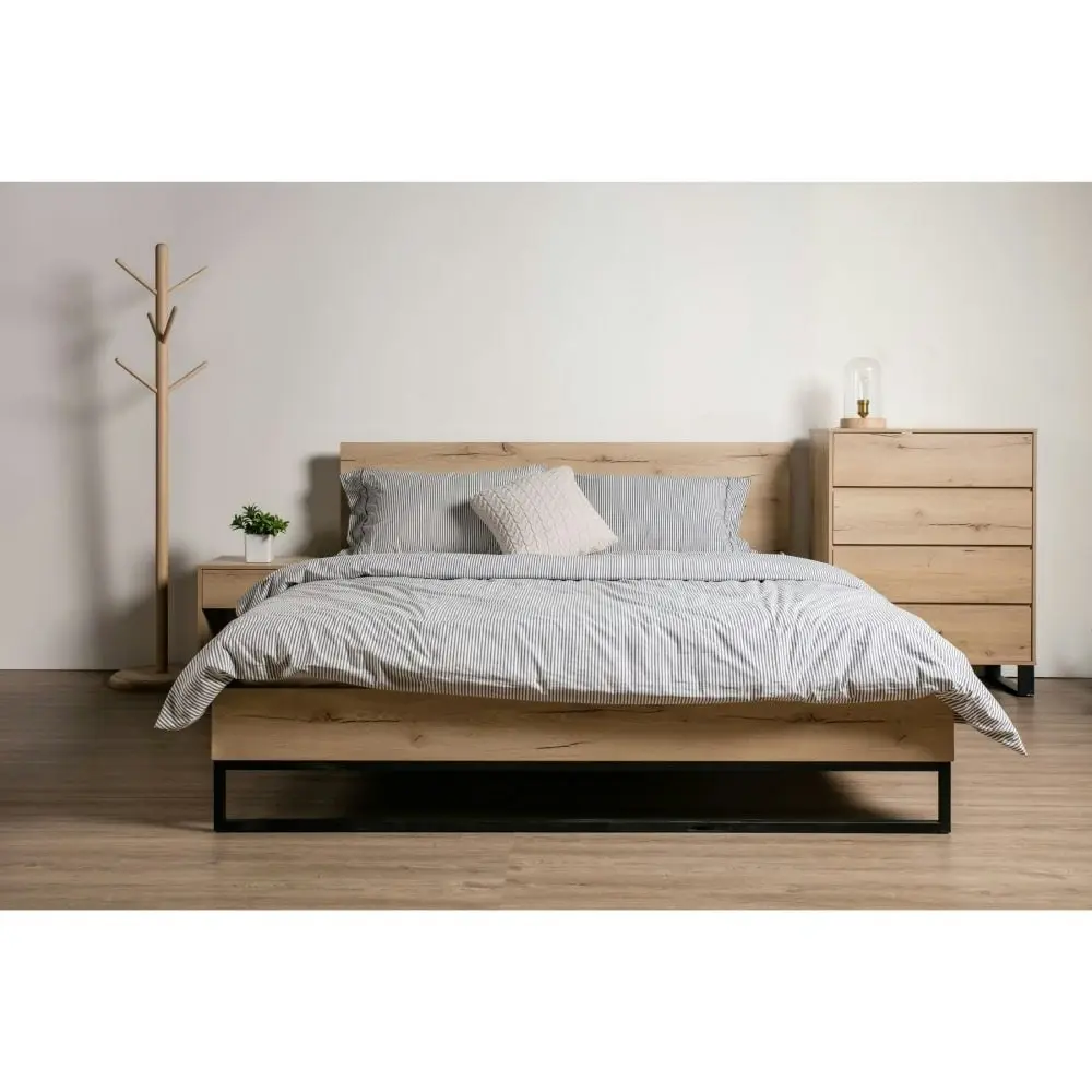 Design Square Wooden Bed Frame Metal Legs With Headboard Double Size - Natural