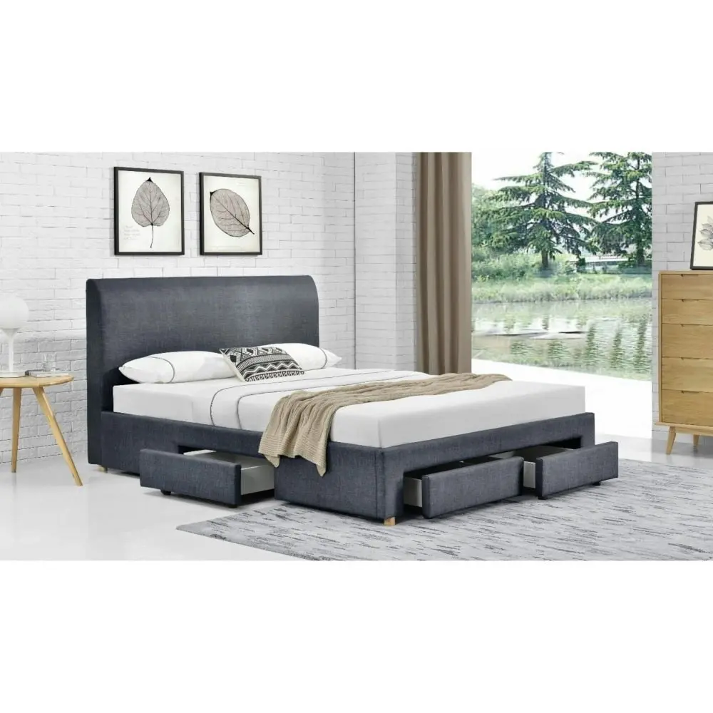 Design Square Modern Designer Fabric Bed Frame Headboard W/ 4-Drawers Storage Double Size - Dark Grey