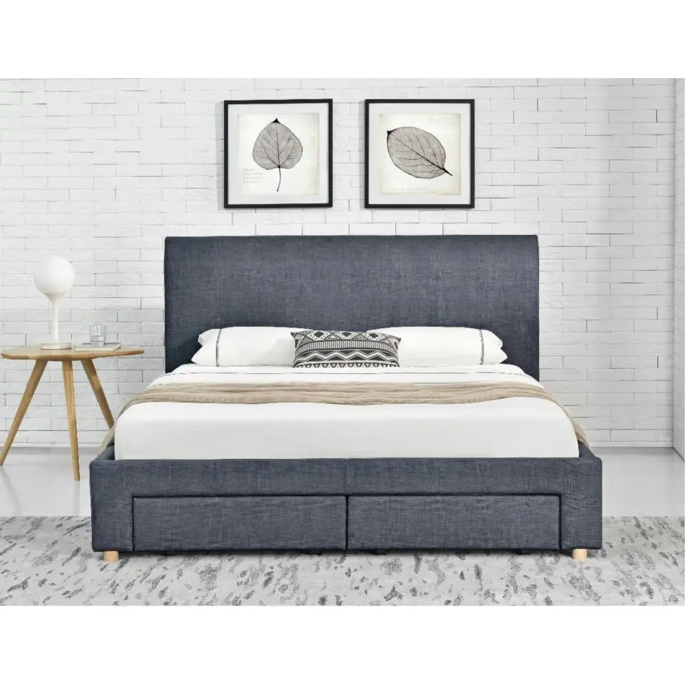 Design Square Modern Designer Fabric Bed Frame Headboard W/ 4-Drawers Storage Double Size - Dark Grey