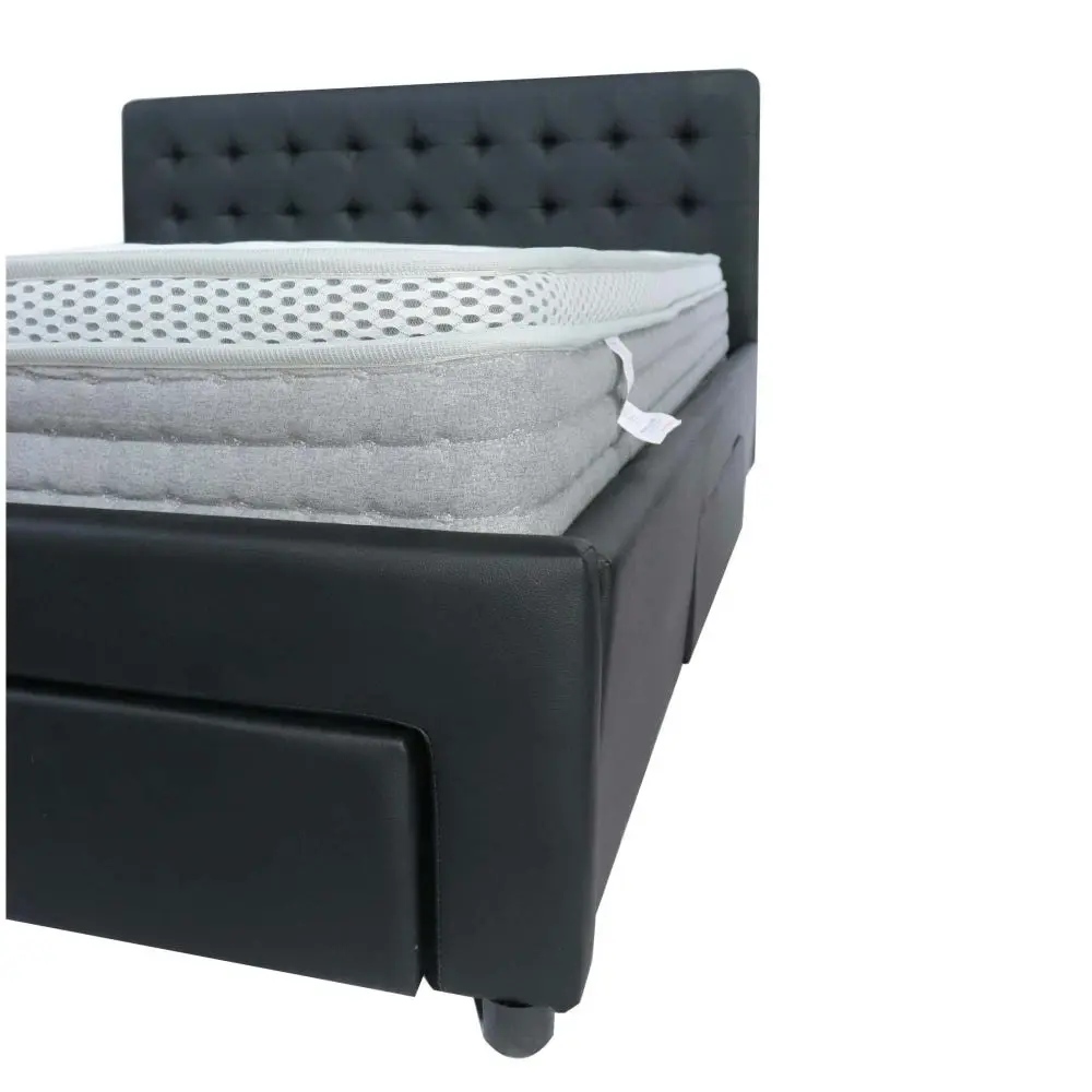 Design Square PU Leather Queen Bed Headboard With Drawers Storage - Black