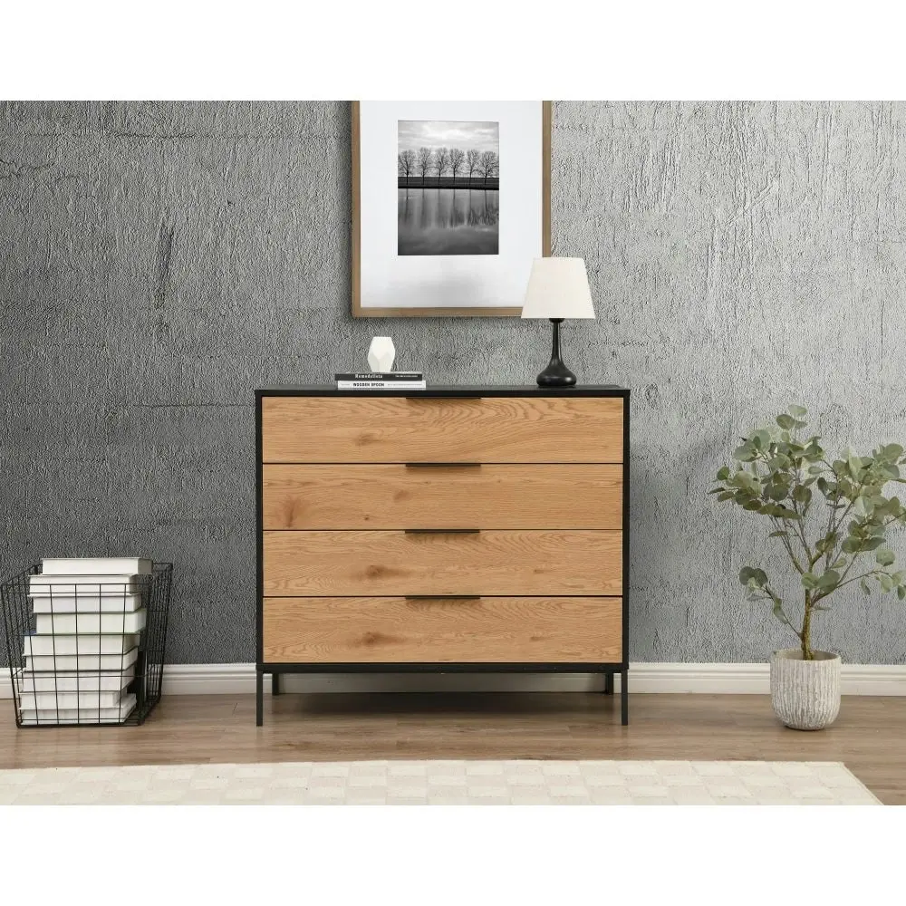 Design Square Vita Chest Of 4-Drawers Tallboy Storage Cabinet - Black/Oak