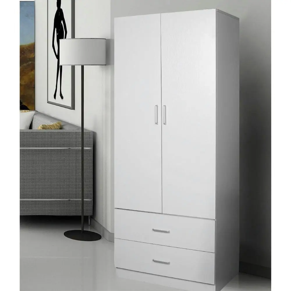 Design Square Modern 2-Door 2-Drawers Wardrobe Closet Clothes Storage Cabinet - White