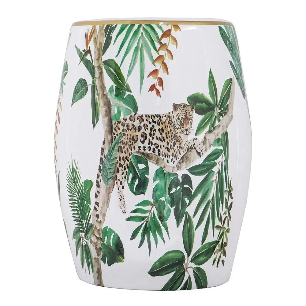 Leopard Jungle Foliage Ceramic Design Stool Side Table White