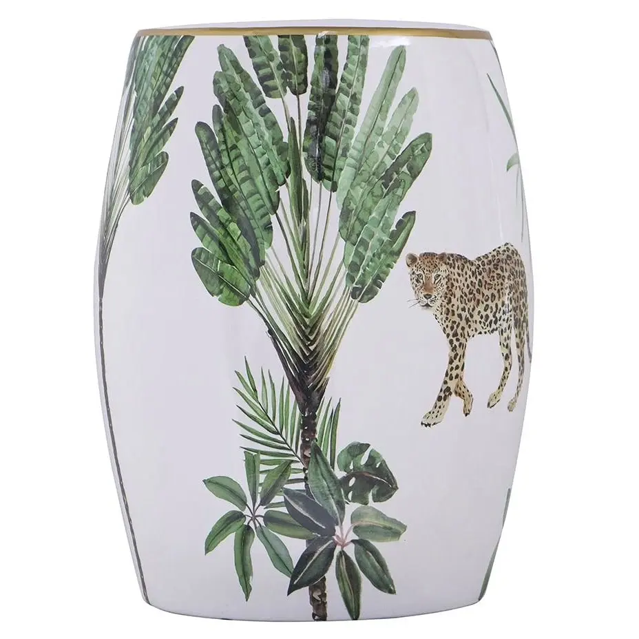 Leopard Jungle Foliage Ceramic Design Stool Side Table White