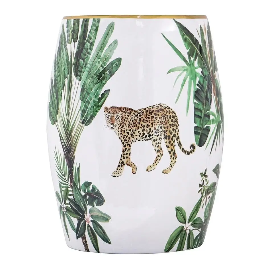 Leopard Jungle Foliage Ceramic Design Stool Side Table White