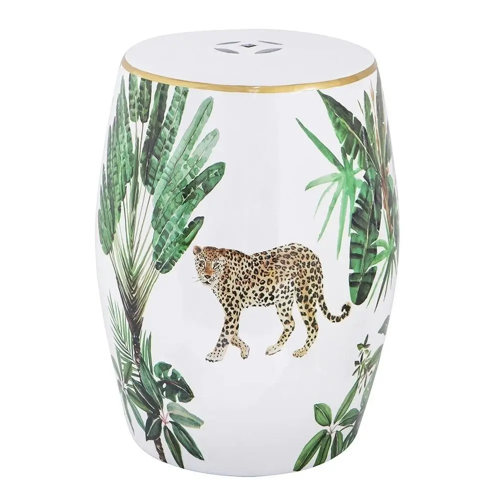 Leopard Jungle Foliage Ceramic Design Stool Side Table White