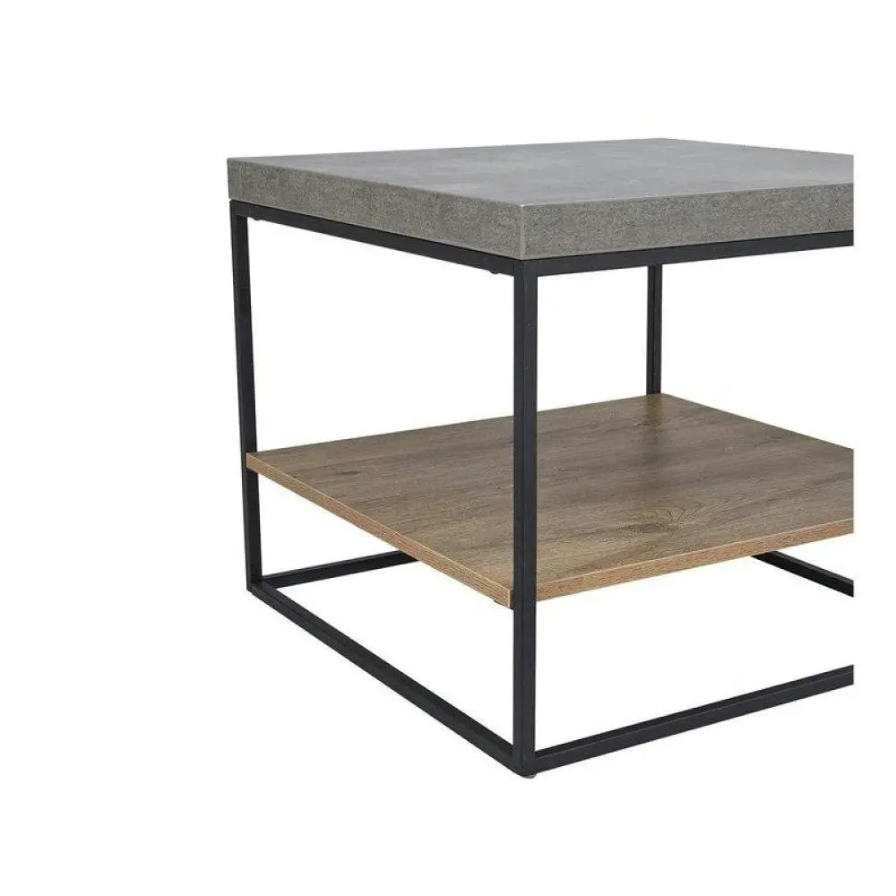 Design Square Modern Open Shelf Nightstand End Side Lamp Table - Black Metal Legs - Cement Grey