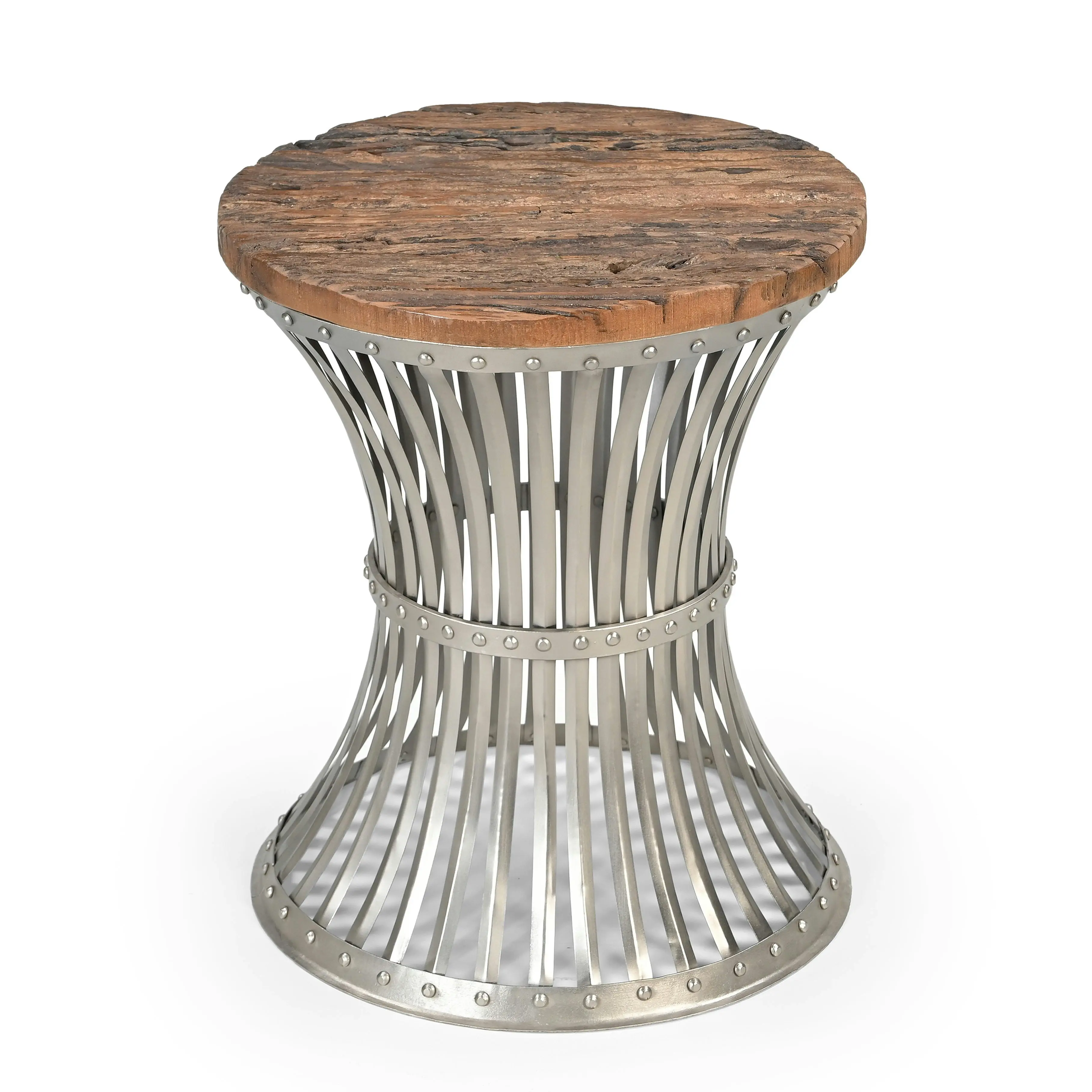 Inverted Wood and Iron Rustic Industrial Round Side Table