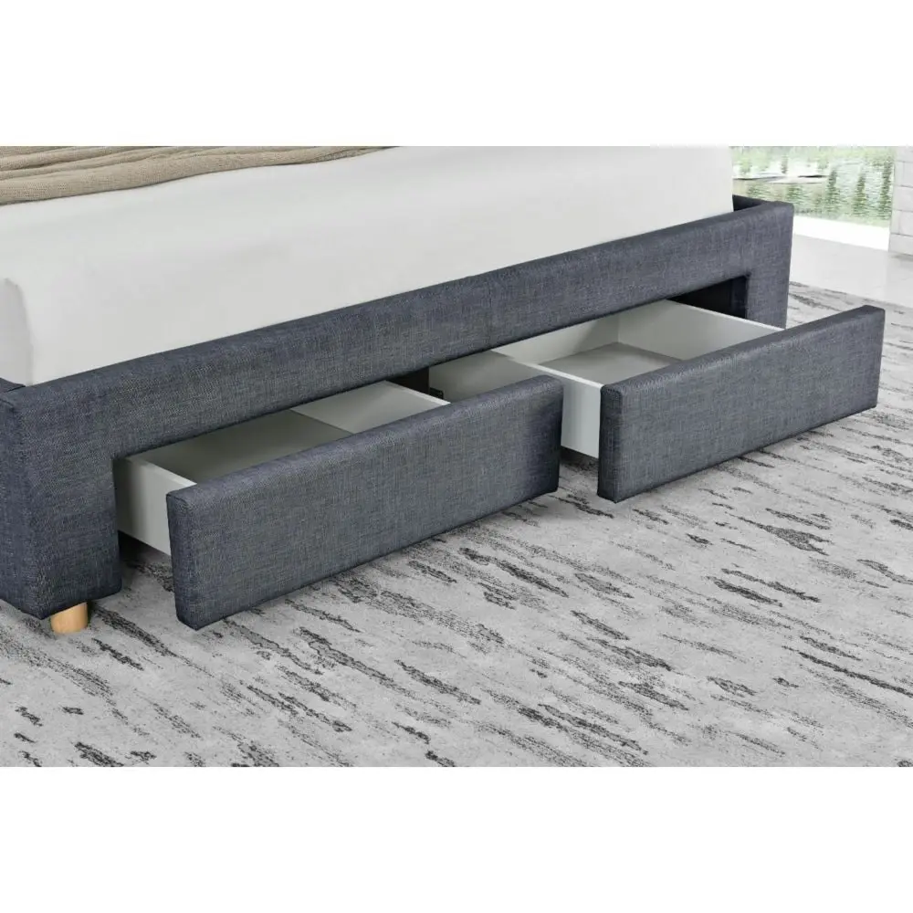 Design Square Modern Designer Fabric Bed Frame Headboard W/ 4-Drawers Storage Queen Size - Dark Grey