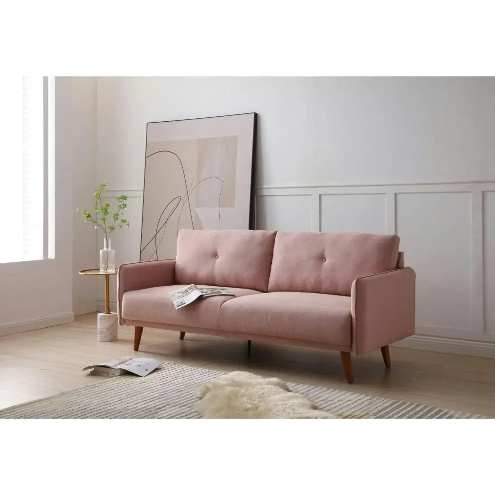 Design Square Modern Designer  3-Seater Tufed Fabric Sofa Lounge Couch Wooden Legs - Pink