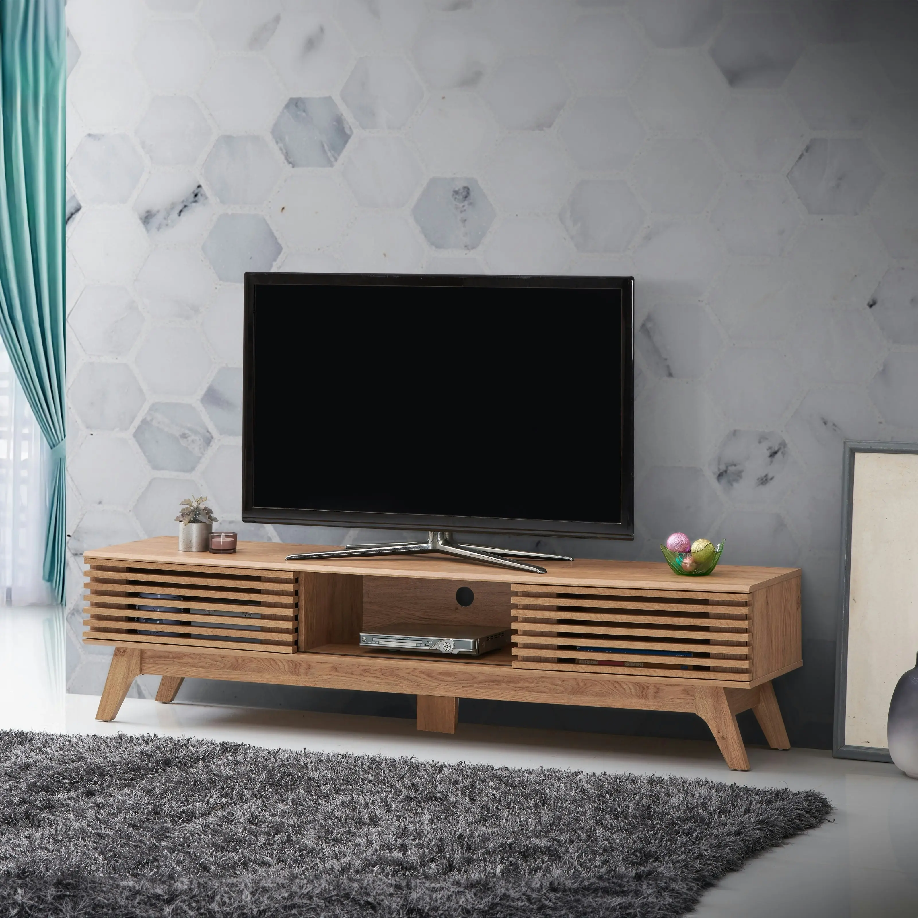 Design Square Camille Wooden Lowline Entertainment Unit TV Stand 180cm W/ 2-Doors - Oak