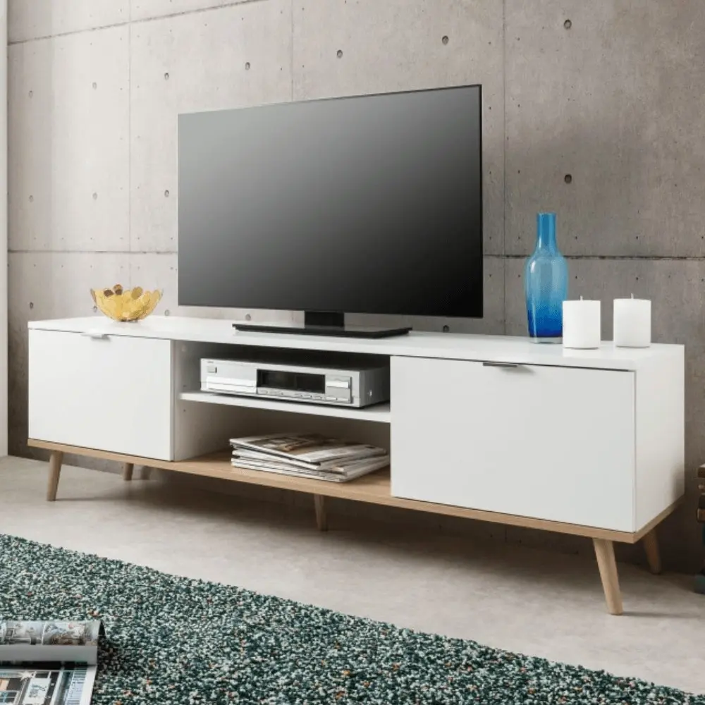 Design Square Thea Scandinavian Lowline Entertainment Unit TV Stand W/ 2-Doors - White/Oak