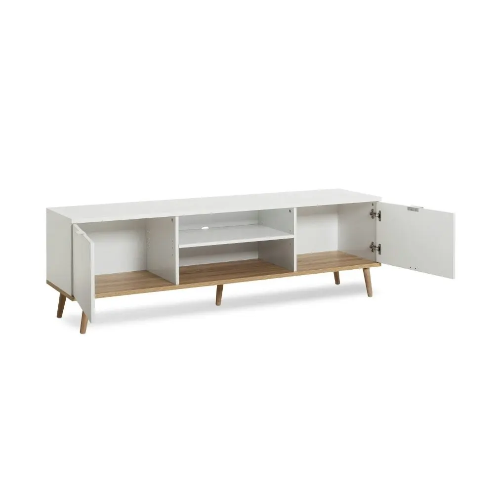 Design Square Thea Scandinavian Lowline Entertainment Unit TV Stand W/ 2-Doors - White/Oak