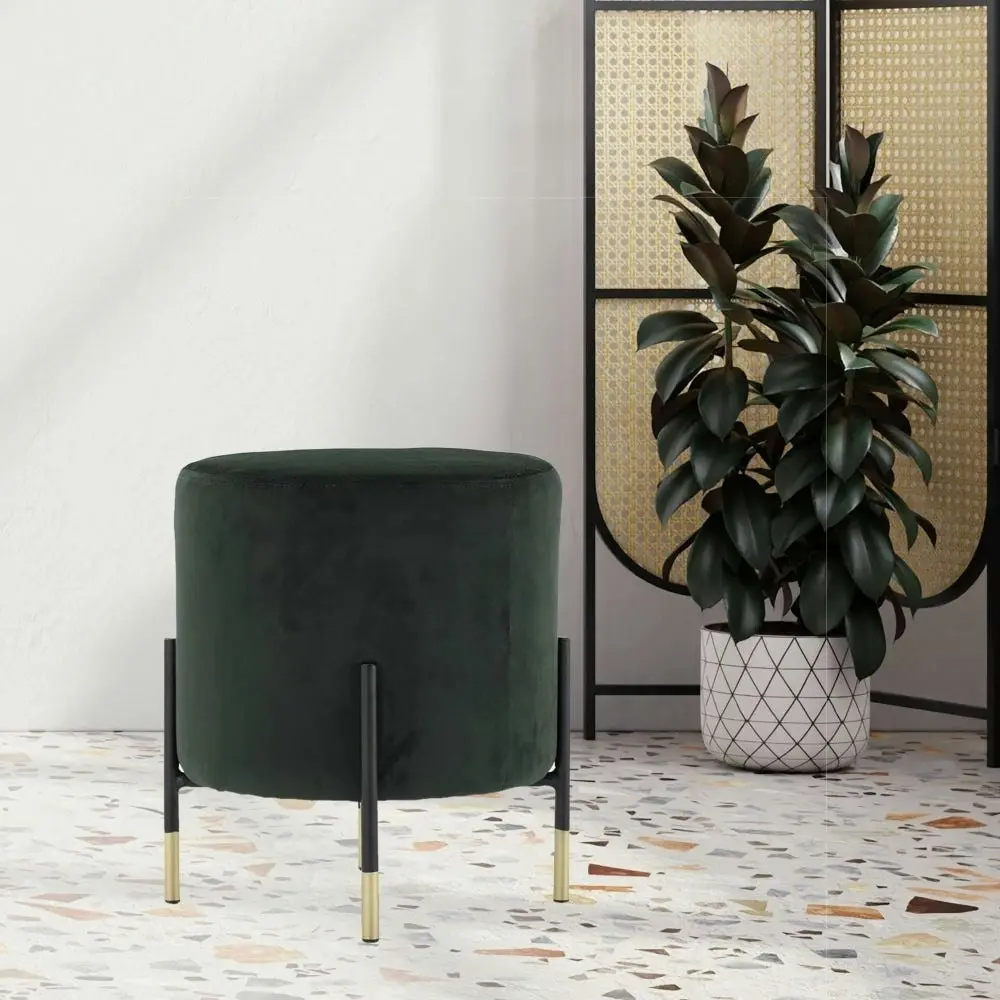 HomeStar Gina Modern Velvet Fabric Ottoman Foot Stool W/ Gold Tip - Forest Green