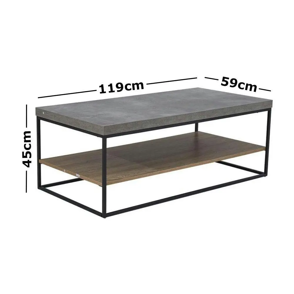 Design Square Rectangular Coffee Table - Black Metal Frame - Cement Grey