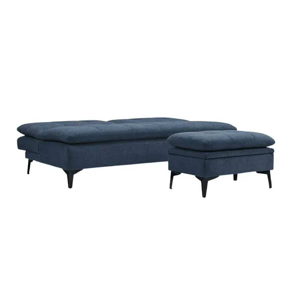 Design Square Designer 3-Seater Fabric Sofa Bed Wooden Legs W/ Ottoman - Blue