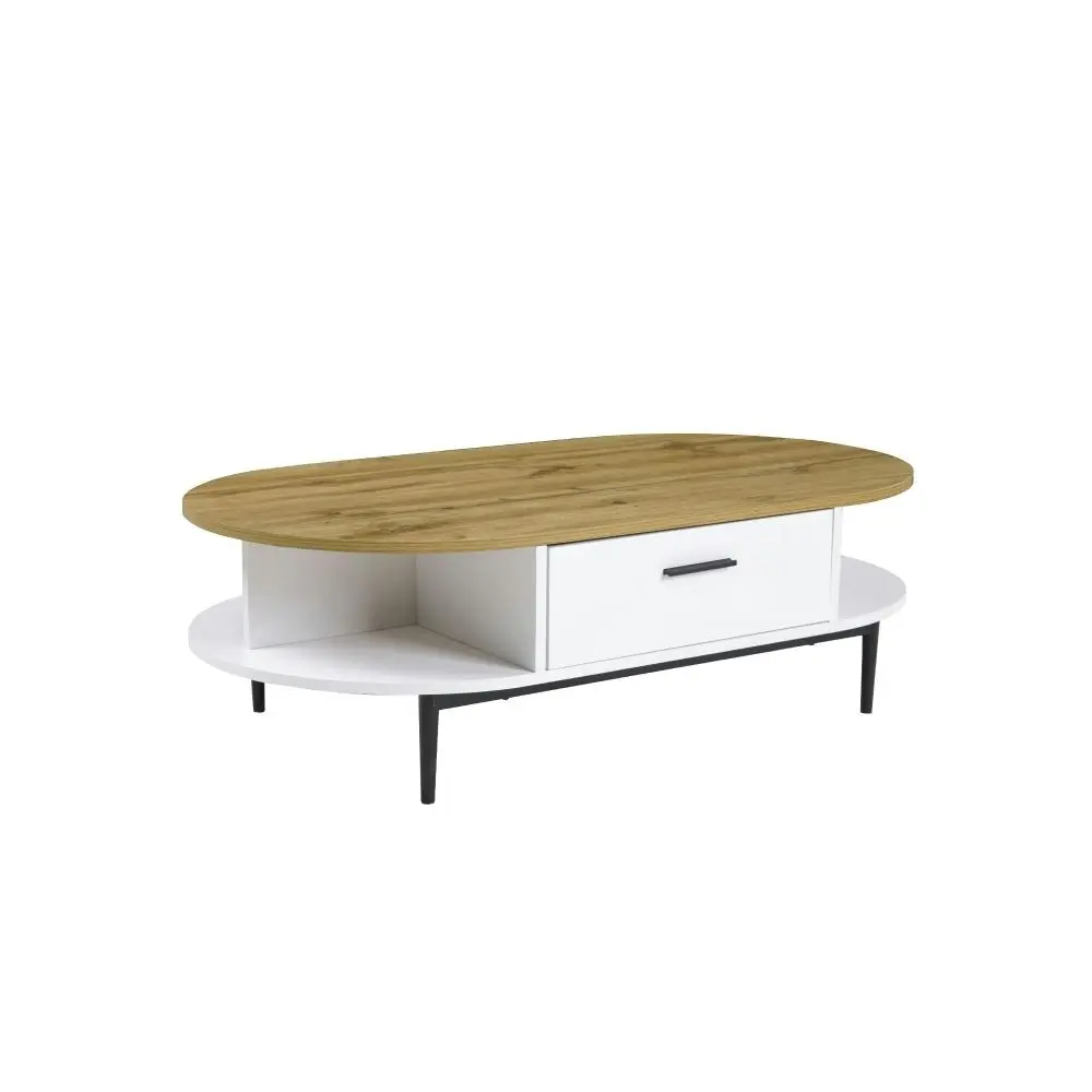 Maestro Furniture Polish 1-Drawer Oval Wooden Coffee Table W/ Open Compartments - White/Natural