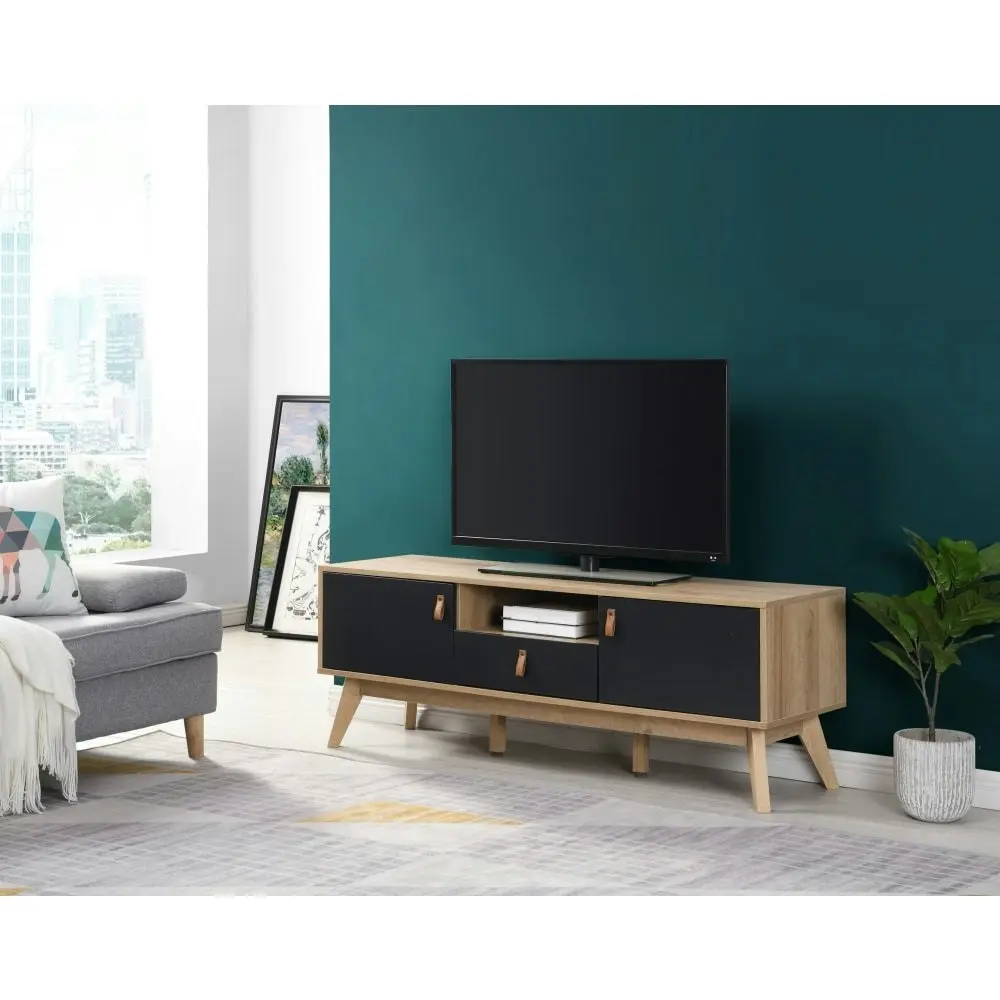 Design Square Eliana Modern Scandinavian Entertainment Unit TV Stand - Oak/Black