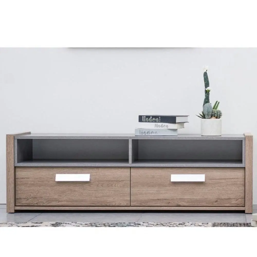 Design Square TV Stand Cabinet Entertainment Unit - Dark Oak / Matt Grey