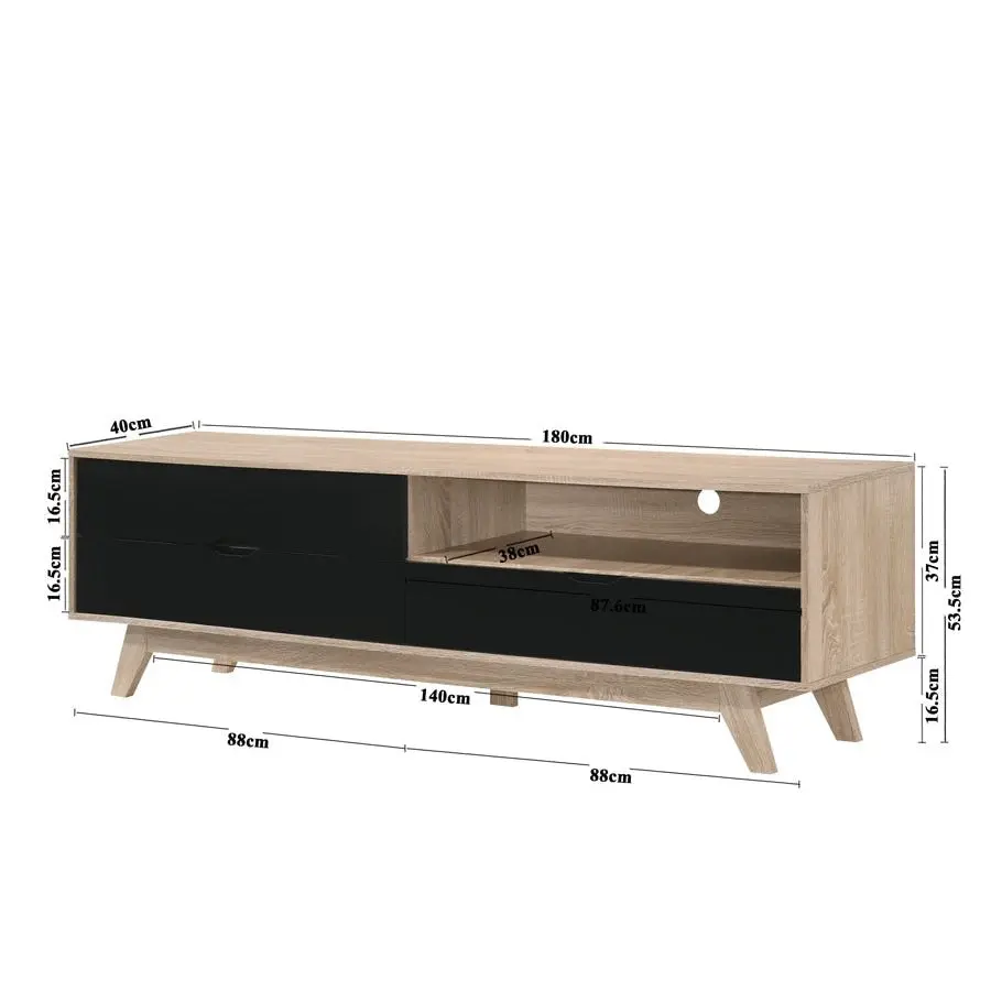 Design Square Aline TV Stand Entertainment Unit W/ 3-Drawers 180cm - Oak/Black