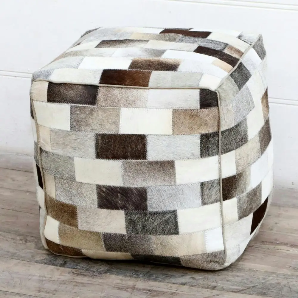 Amari Square Foot Stool Ottoman Cowhide Patch