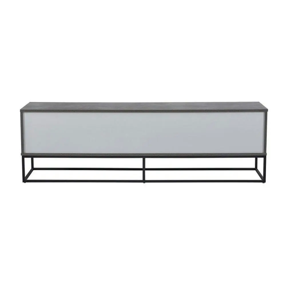 Design Square TV Stand Cabinet Entertainment Unit - Black Metal Legs - Dark Oak / Cement Grey