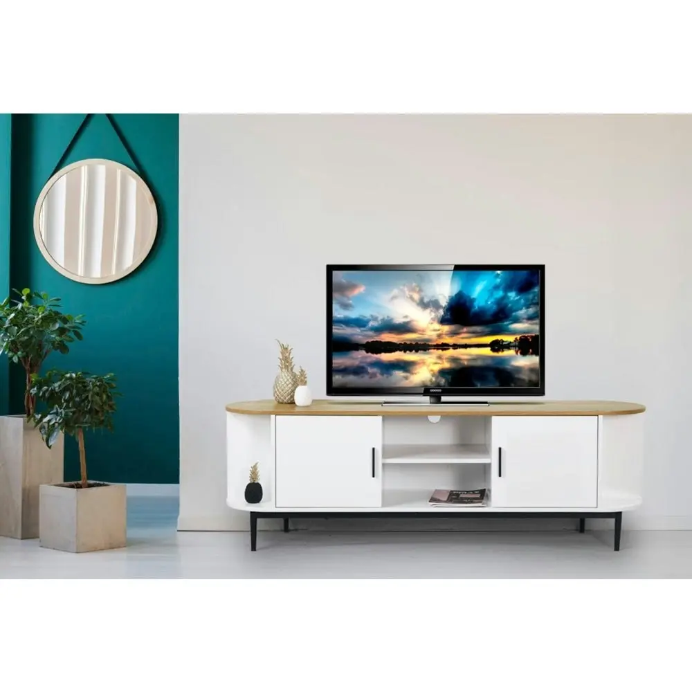 Maestro Furniture Polish Lowline TV Stand Entertainment Unit Storage Cabinet 160cm - White/Natural