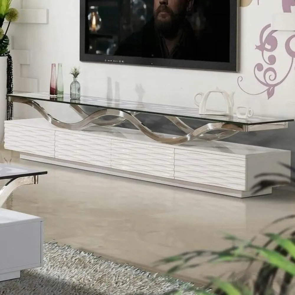 Our Home Marie Luxury Lowline Tempered Glass Wooden TV Stand Entertainment Unit 200cm - White