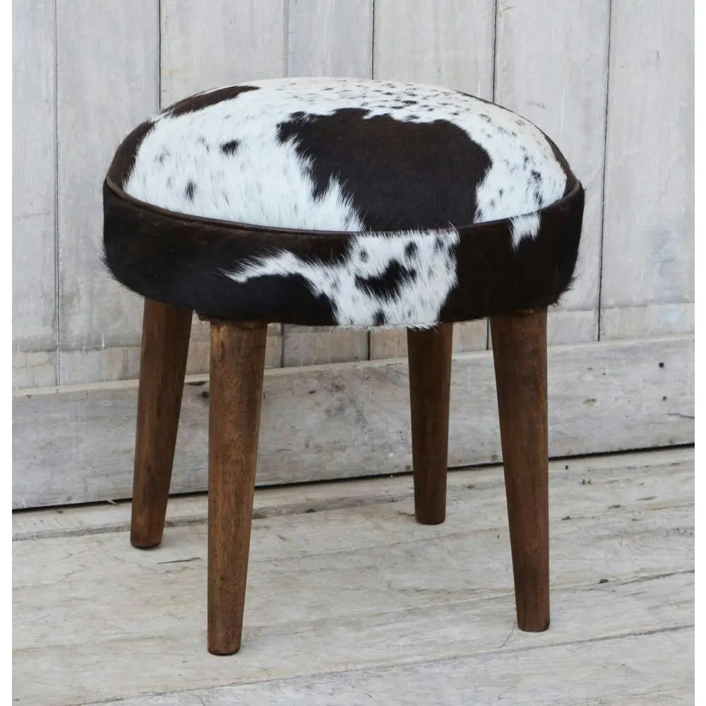 Amari Cowhide Short Foot Stool Ottoman Wooden Legs