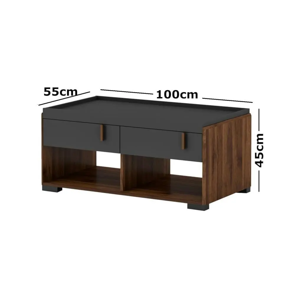 Lancester Open Shelves Coffee Table With 2 Drawers - Walnut & Dark Grey