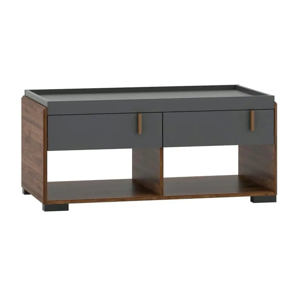 Lancester Open Shelves Coffee Table With 2 Drawers - Walnut & Dark Grey