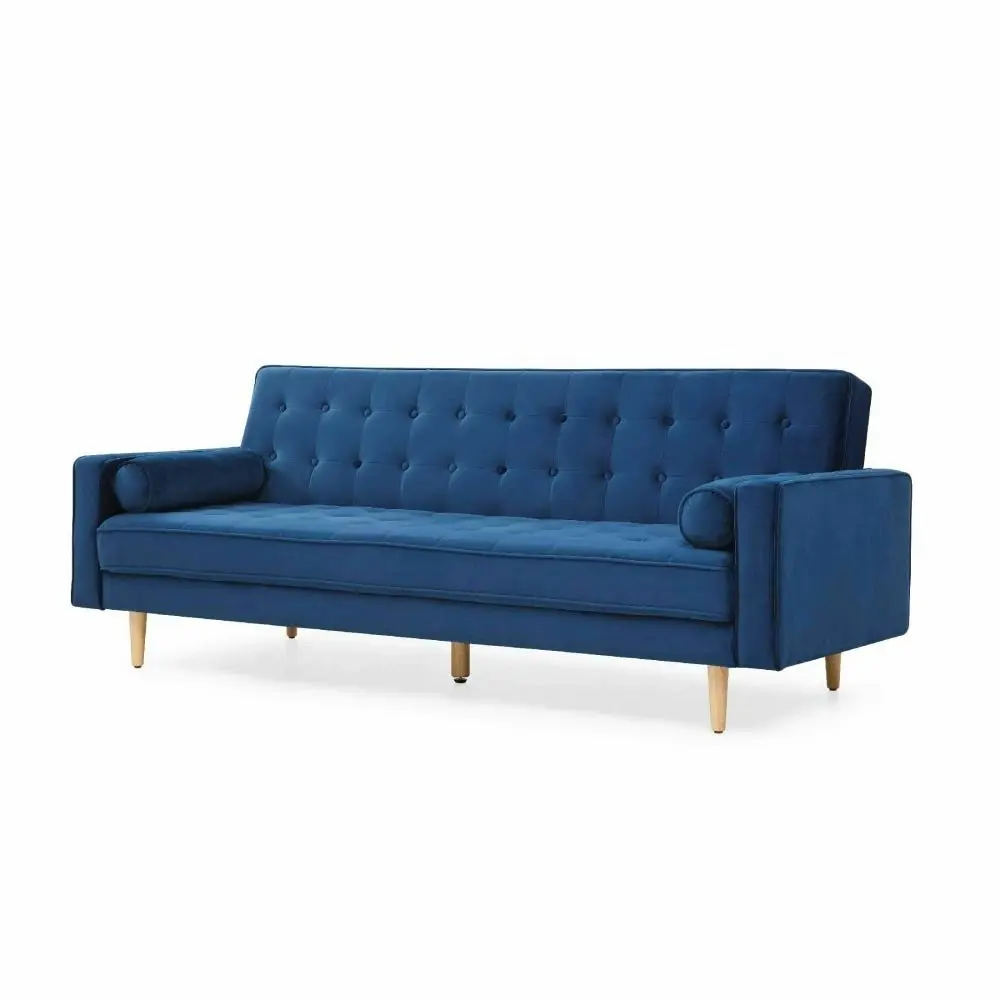 Design Square Modern Designer Scandinavian Velvet Fabric 3-Seater Sofa Bed - Blue