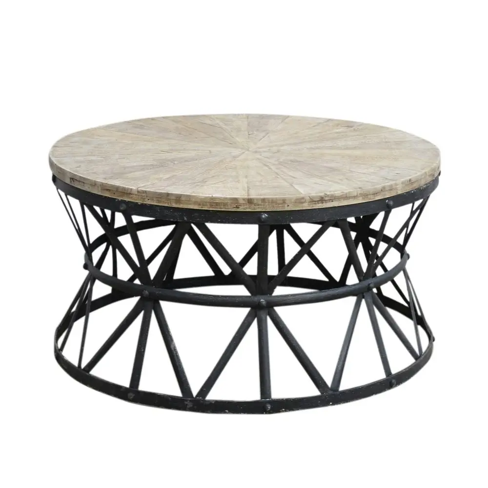 Roger Rustic Industrial Cast Iron Hardwood Top Round Coffee Table